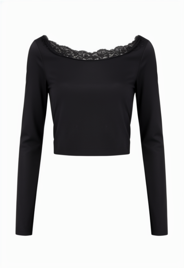 Off Shoulder Lace Splice Bow Decor Long Sleeve Tee