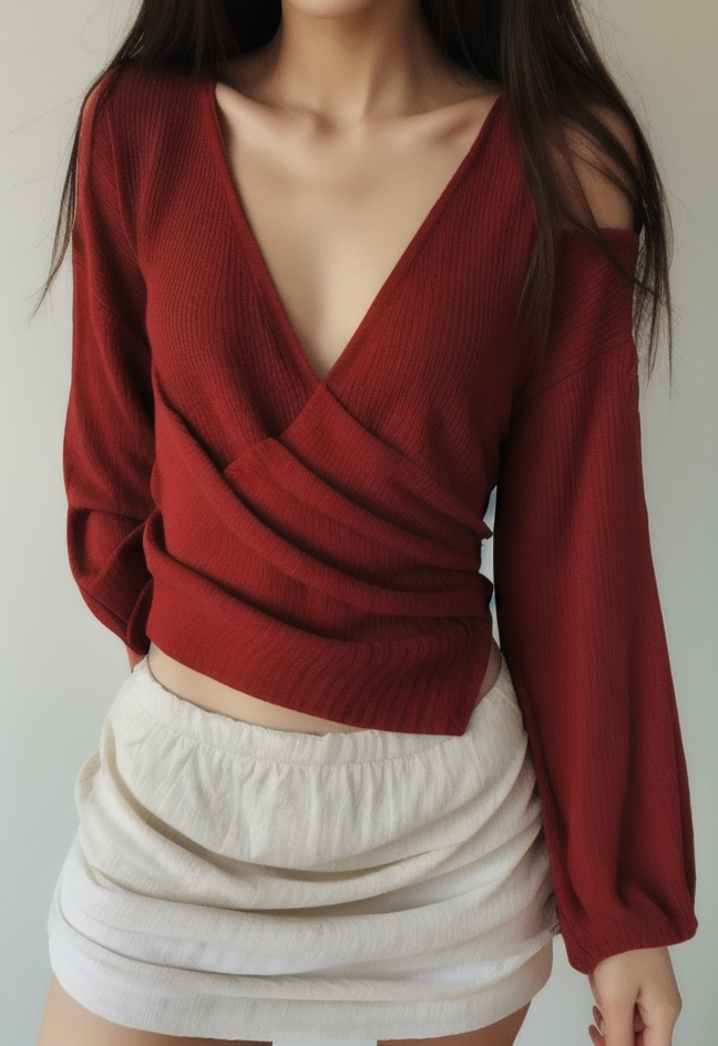 Solid_Crossover_Ruched_Lantern_Sleeve_Long_Sleeve_Tee___Poovarasan_red__1_.png